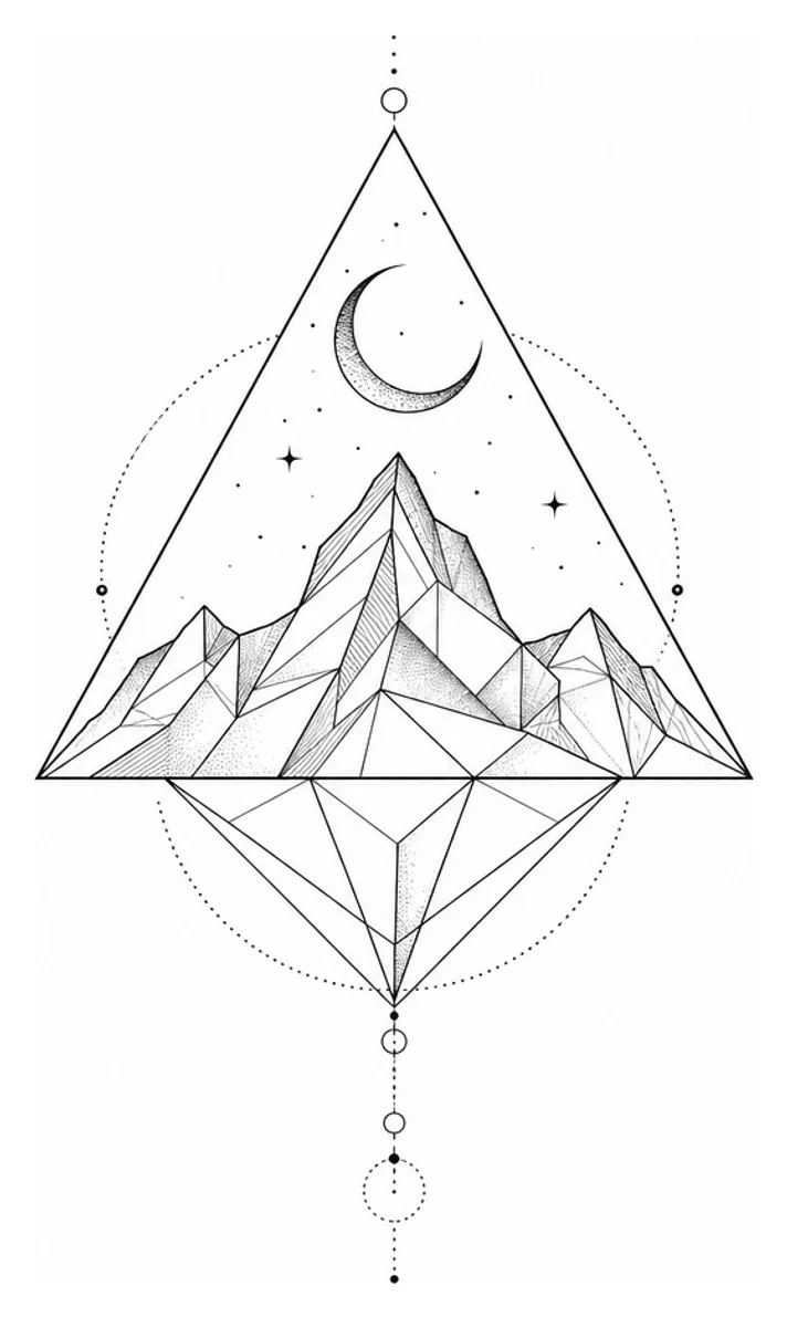 Une chaîne de montagnes en trait fin dans un triangle, avec une lune, pour l'intérieur du bras