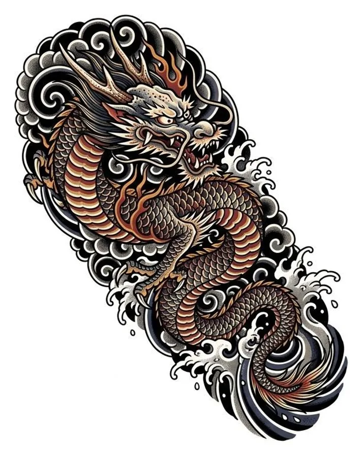 Japanese tattoo design: a dragon with black and gold scales surrounded by clouds.
