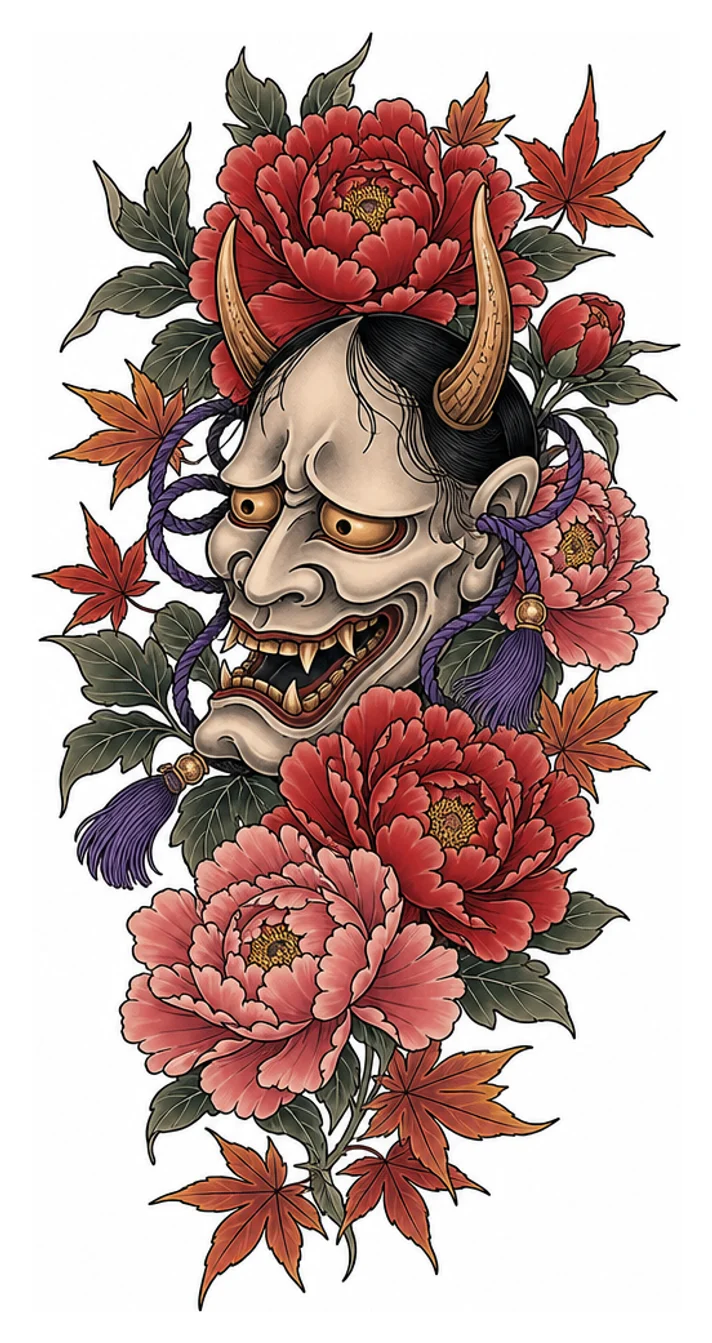 Un masque hannya entouré de pivoines et de feuilles d'érable, composition verticale pour la cuisse