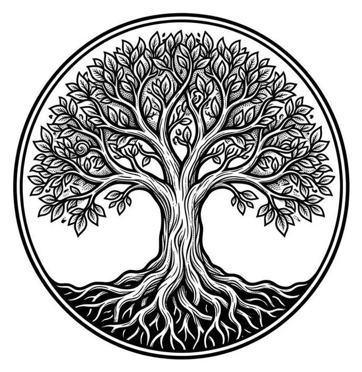 Dessin original d’un arbre de vie dans un cercle, référence créative Encre Vive