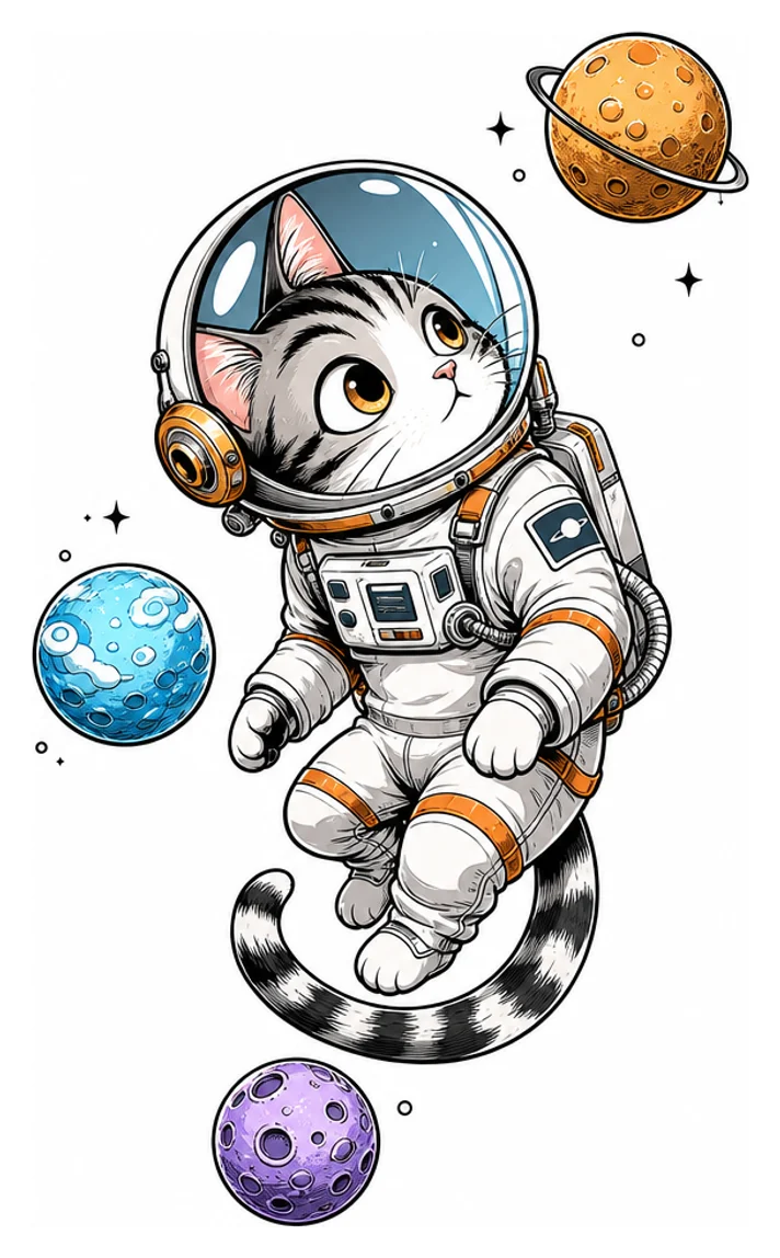 Un chat astronaute original flottant parmi trois petites planètes, casque rond et expression curieuse, composition verticale