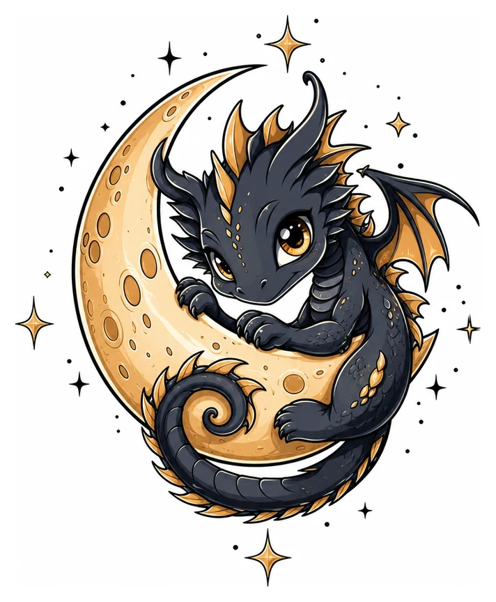 Un petit dragon original enroulé autour d’un croissant de lune, grands yeux expressifs, contours nets et quelques étoiles