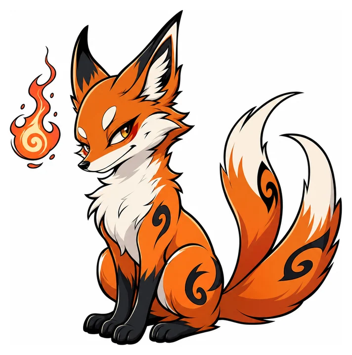 Un renard original assis avec deux queues souples et une petite flamme flottante, expression malicieuse, composition compacte