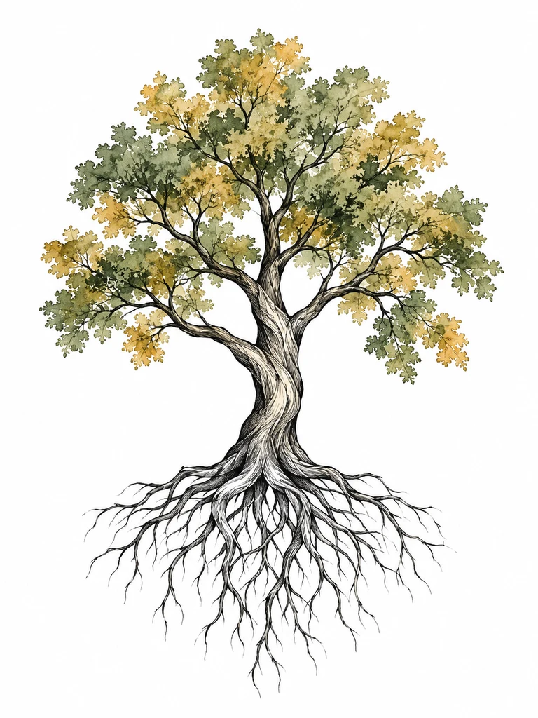 A tree with roots drawn in black and a sage-green and ochre watercolor canopy