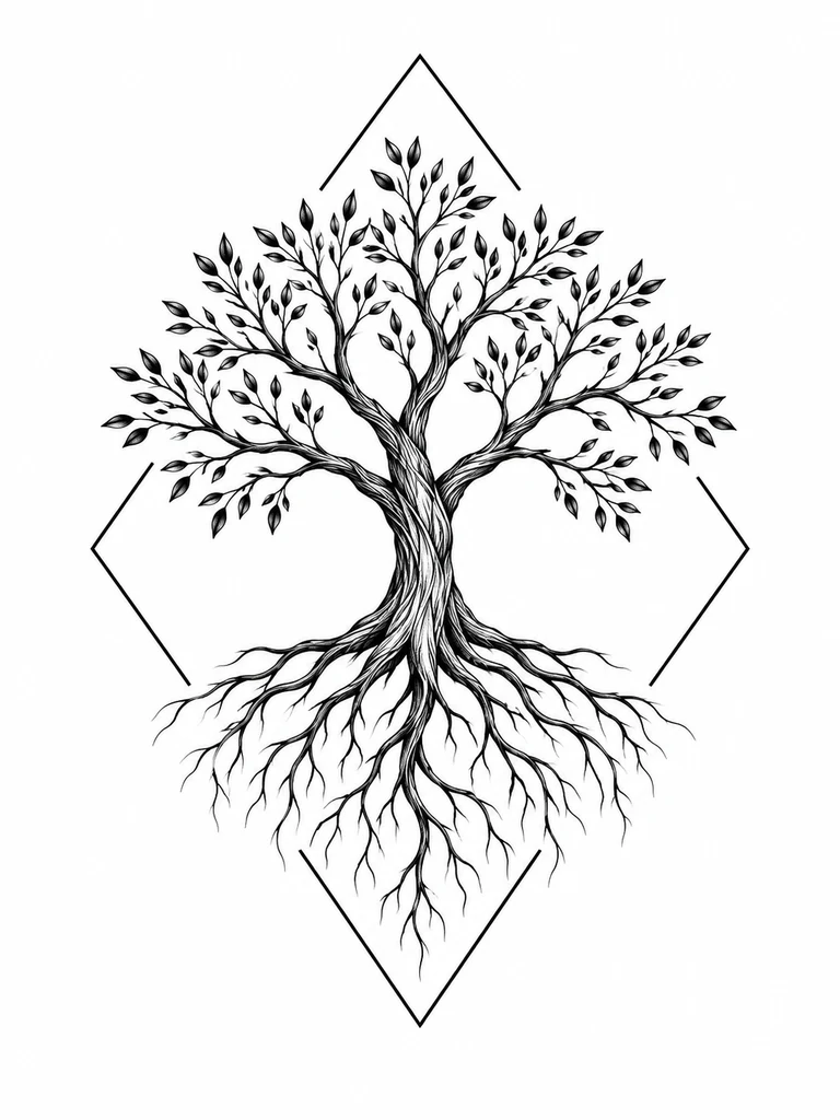 A tree with branching roots inside an open diamond, black branches and geometric lines