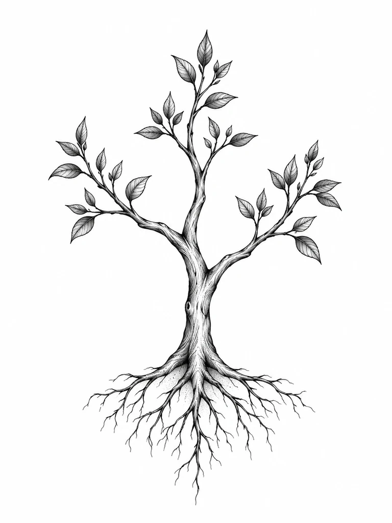 A young tree with three main branches, small leaves and fine roots, without a circle