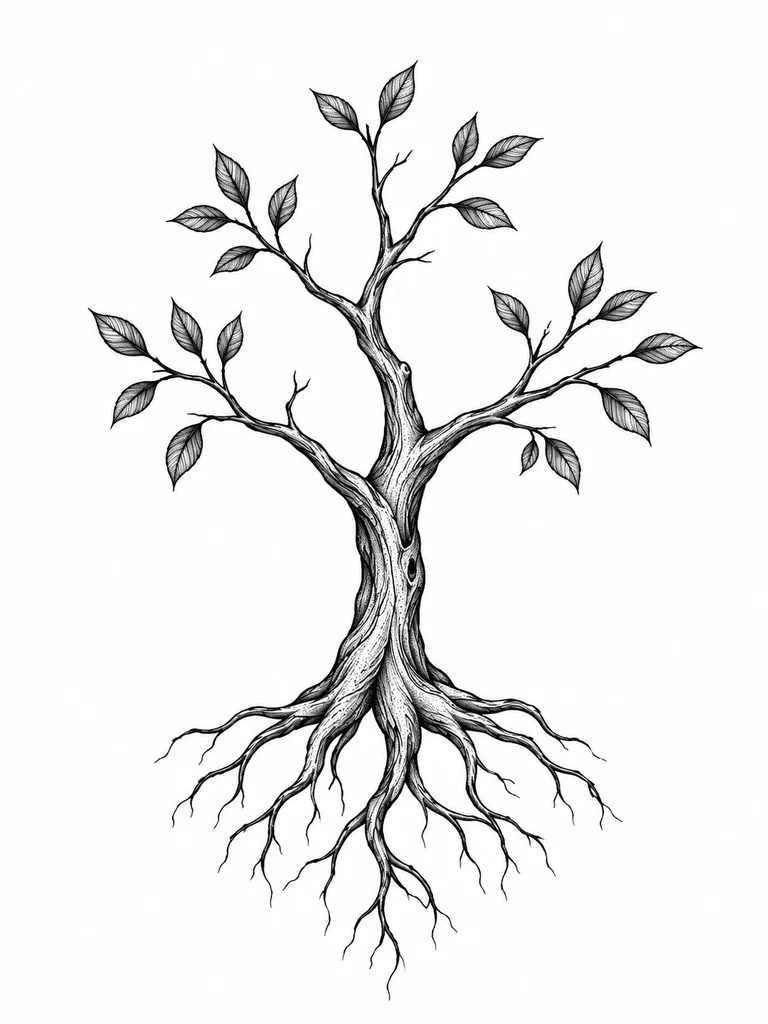 A simple tree with open roots, a few branches and spaced leaves