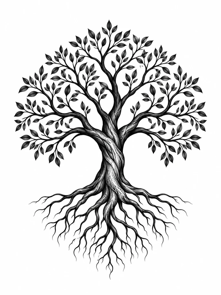 A tree of life with a black trunk and a canopy divided by white spaces, visible roots