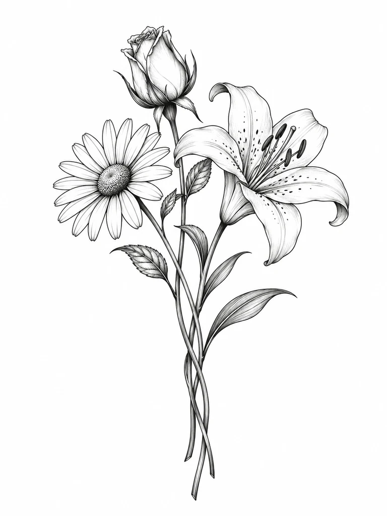 A bouquet of a daisy, rose bud and lily, three intertwined stems in fine black linework