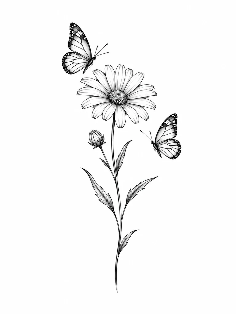 Two small butterflies around a daisy stem, vertical black linework composition