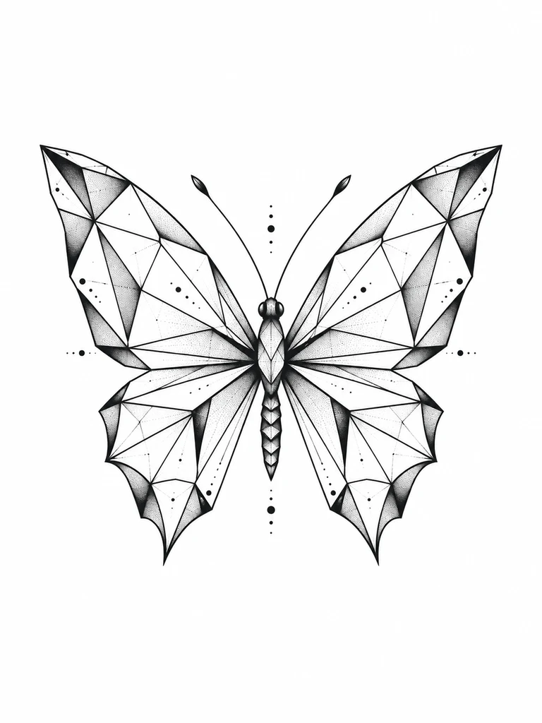 A symmetrical butterfly with geometric faceted wings, black linework and a few subtle dots