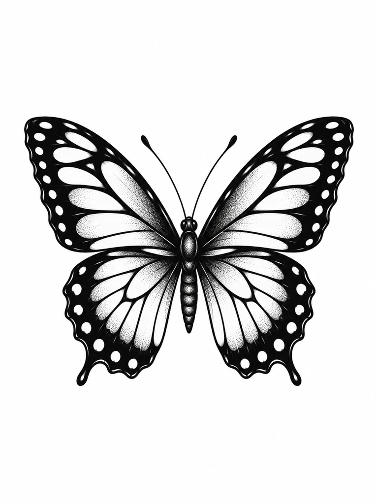 A butterfly with black wings opened by white spaces, compact symmetrical composition