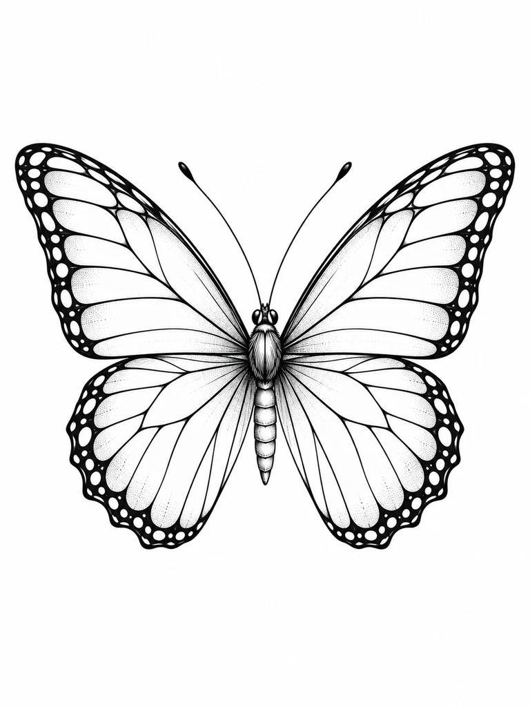 An open-winged butterfly in fine black linework, spaced veins and a symmetrical outline