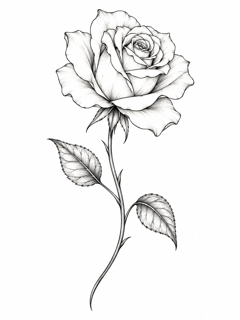 Une rose ouverte sur une longue tige courbe à deux feuilles, trait fin noir et pétales aérés