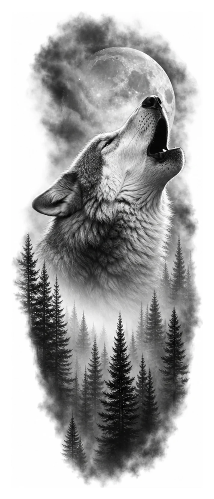 Un loup hurlant dans une forêt de sapins, noir et gris, composition verticale pour l'avant-bras