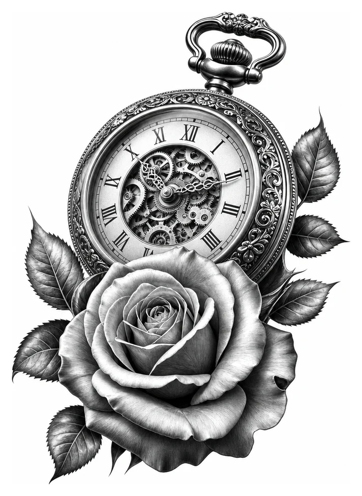 Une montre à gousset ancienne avec une rose et des chiffres romains, noir et gris, pour le haut du bras