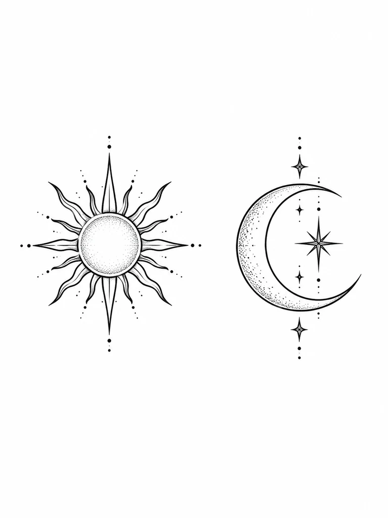 Un duo soleil et lune, deux motifs séparés pour un tatouage de couple