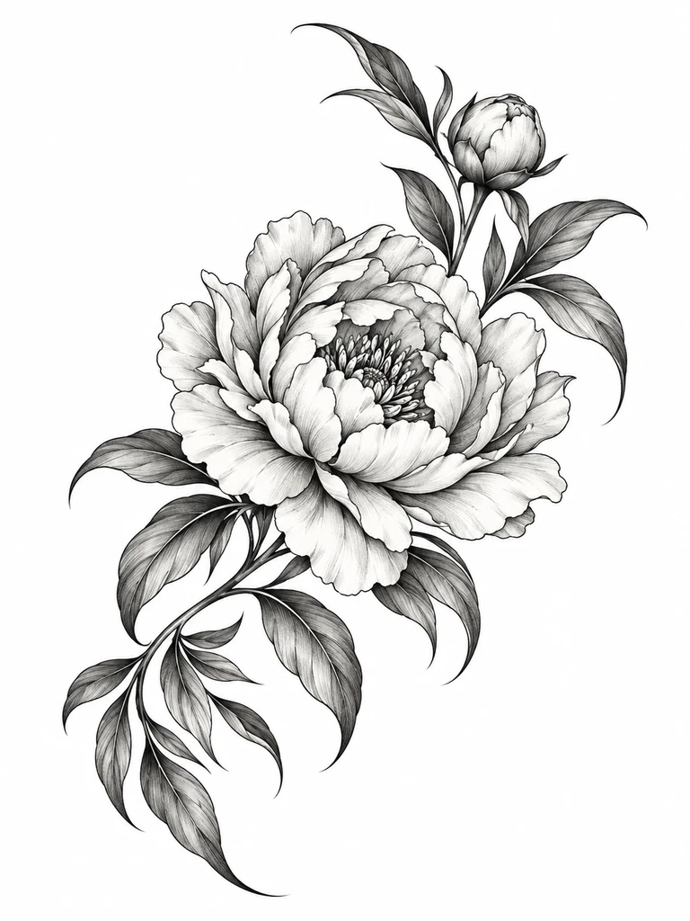 Une pivoine et des feuillages, composition pour l’omoplate